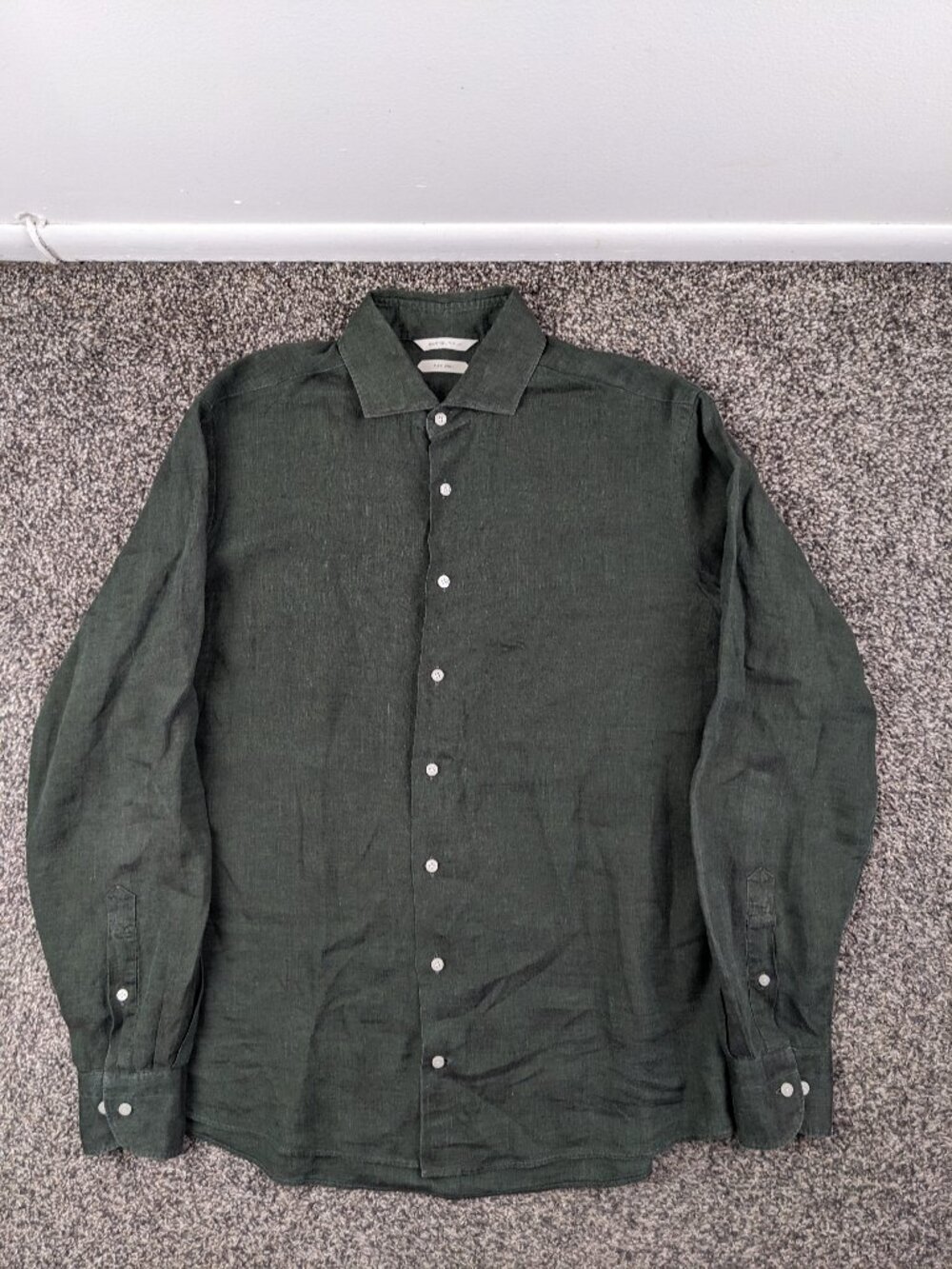 Suitsupply Dress Shirt Leggiuno Pure Linen L/S Button Green Sz 16 16.5 Slim Fit